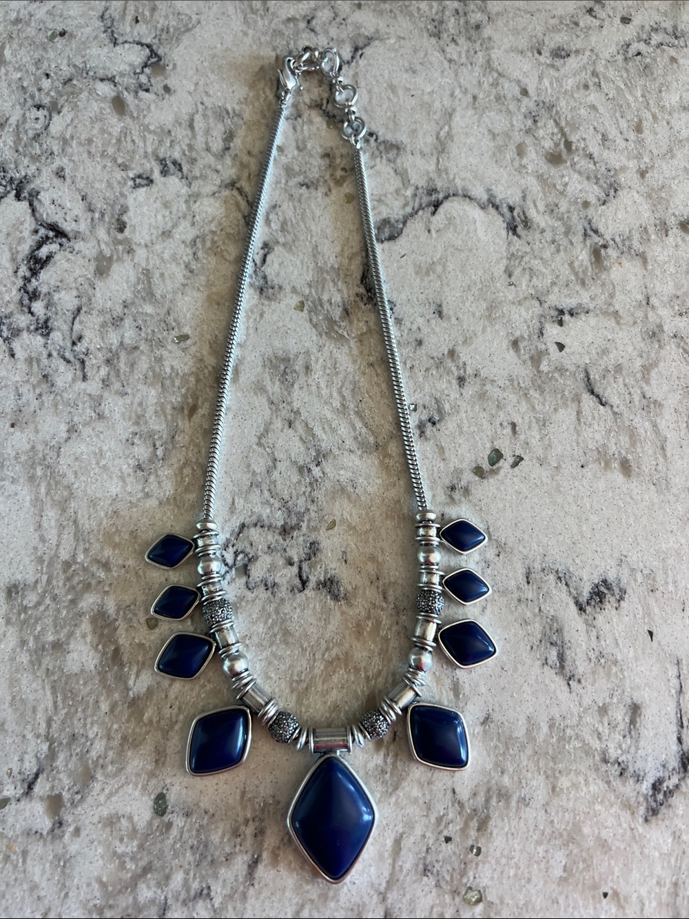 Lucky Brand Silver Necklace with Dark Blue Gemstone Accents, 17” + 2” extender